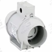 In-Line Duct Fan: 101 cfm Max., 4 in Duct, 26 W, 120V AC, 1 Ph, IP44, Thermoplastic (MPN KIT-TD100). Key specifications — Includes: (1) Intake Grill; Brand: SOLER & PALAU; Speed Controllable: Yes; High-Efficiency Motor: No; Housing Material: Thermoplastic; Nameplate Voltage: 120V AC; Number of Speeds: 1; Airflow @ 0.000 in SP - Range: 0 to 249 cfm.