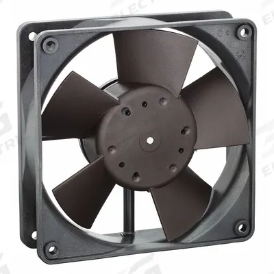 EBM-PAPST Axial Fan: 100 cfm Airflow @ 0.000 in SP, 4 11/16 in Ht, 1 1/4 in Dp, Lead Wires - Wet-Location Square Axial Fans