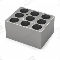 IKA Dry Block: Anodized Aluminum, 3 3/4 in Overall Wd, 3 in Overall Lg, 9 Wells, 21 3/4 mm Well Dia (MPN 4469900). Key specifications — Product Type: Dry Block Heater; Includes Thermometer Well: Yes; Material: Anodized Aluminum; Brand: IKA.