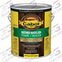 CABOT Wood Stain and Sealer: Exterior, Oil, 1 gal Container Size, Wood, Flat, Cordovan Leather (MPN 140.0001437.007). Key specifications — Brand: CABOT; Transparency: Semi-Solid; Use Location: Exterior; Sheen: Flat; Sub-Brand: Semi-Solid Low VOC; Color: Cordovan Leather.