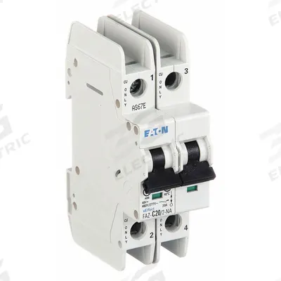 EATON Miniature Circuit Breaker: 20 A Amps, 48/96V DC, 14kA at 277/480V AC, Screw Clamp - C-Curve, 2-Pole UL489 DIN Rail-Mount Miniature Circuit Breakers
