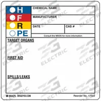BRADY HMIG Label: 3 7/8 in Ht, 3 7/8 in Wd, Polyester, Adhesive, 3 7/8 in x 3 7/8 in, HMIG, 250 PK (MPN 17322LS). Key specifications — Material: Polyester.