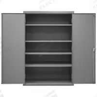 DURHAM MFG Storage Cabinet: 48 in x 24 in x 84 in, Swing Handle & Keyed, 16 ga Panel Thick, Shelves (MPN 2504-4S-95). Key specifications — attr62698: Gray; attr62736: Welded; attr62693: Assembled; attr62737: Stationary; attr62694: Adjustable; attr62695: Powder Coated; attr62696: Steel; attr62689: DURHAM MFG.