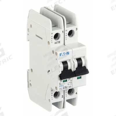 EATON Miniature Circuit Breaker: 15 A Amps, 48/96V DC, 14kA at 277/480V AC, Screw Clamp - C-Curve, 2-Pole UL489 DIN Rail-Mount Miniature Circuit Breakers
