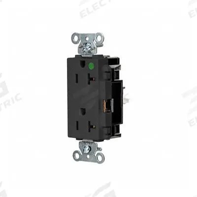 HUBBELL Receptacle: Hospital Grade, Decorator Duplex, 5-20R, Black, 125V AC, 20 A - General Purpose Receptacles