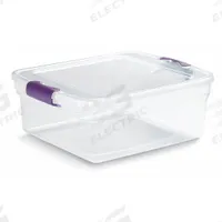 HOMZ Storage Tote: 3.9 gal, 16 1/4 in x 13 in x 6 1/8 in, Clear Body, Clear Lid, Not NSF Certified (MPN 3420GRPRCL.08). Key specifications — attr1188666: Plastic; attr1188671: Rounded; attr1188675: Clear; attr1188676: Clear; attr1188687: HOMZ; attr1188688: Not NSF Certified; attr1188689: Nesting Capable.