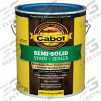 CABOT Wood Stain: Wood Stain and Sealer, Exterior, Oil, 1 gal Container Size, Wood, Flat, Semi-Solid (MPN 140.0017437.007). Key specifications — Brand: CABOT; Transparency: Semi-Solid; Use Location: Exterior; Sheen: Flat; Sub-Brand: Semi-Solid; Color: Cordovan Leather.