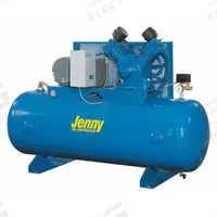 JENNY Electric Air Compressor: 5 hp, 1 Stage, Horizontal, 80 gal, 23 cfm, 125 psi, 240V AC (MPN J5A-80-230/1). Key specifications — attr48430: JENNY; attr48445: 60 Hz; attr48448: Magnetic Starter; attr48450: 240V AC; attr48474: Single; attr48487: Horizontal.