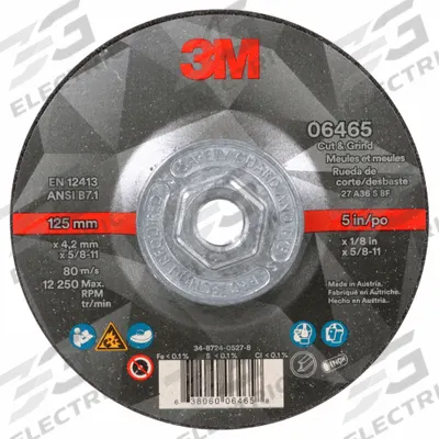 3M Cut-Off & Grinding Wheel: Type 27, 5" x 1/8" x 5/8"-11, Ceramic, 36 Grit - Cool-Cutting Combination Wheels for Carbon & Stainless Steel