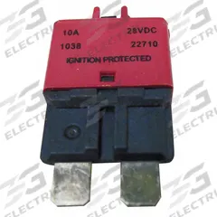 Automotive Circuit Breaker: CB227, 28V DC, 2 kA at 28V DC, Blade (MPN CB227-10). Key specifications — Series: CB227; Voltage: 28V DC; Interrupt Rating: 2 kA at 28V DC; Terminal Connection: Blade; Circuit Breaker Type: Type III ATC Footprint Circuit Breaker; Brand: BUSSMANN.