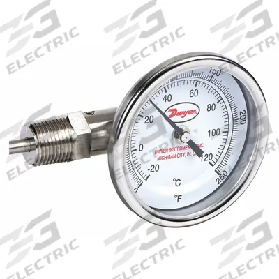 Dwyer Dial Thermometer: 0°F to 250°F /-20°C to 120°C, ±2%Full Scale Accuracy - Side- & Bottom-Mount Fixed-Angle Thread-Mount Dial Thermometers