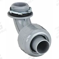 Liquid-Tight Conduit Fitting: 1/2 in Trade Size, 90°, Insulated, Black (MPN P0509NGY). Key specifications — Color: Gray; Connection Orientation: 90°; Trade Size: 1/2 in; Box Connection: 1/2 in MNPT; Insulated: Yes; Overall Length: 2-29/32 in; Material: Nylon; Indoor/Outdoor Usage: Indoor/Outdoor.