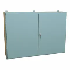 HAMMOND Electrical Enclosure: Steel, 42 in x 60 in x 13 in, NEMA 12, w/Panel, Solid Cover, Hinged (MPN 1422VX12). Key specifications — Brand: HAMMOND; Closure Method: Handle; Knockouts: Not Included.