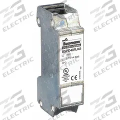 BUSSMANN Data Surge Protection Device: Single Phase, 48V DC, 1 Poles, 2 Wires, L-G/L-L, 48 V DC (MPN BSPD48RJ45). Key specifications — Voltage: 48V DC; Number of Wires: 2 Wires; Modes of Protection: L-L; Max. Continuing Operating Voltage: 48 V DC; Voltage Protection Rating: 600V (L-G); Filtering: No; Enclosure Material: Zinc Die Casting; Mounting Style: DIN-Rail.