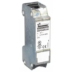 BUSSMANN Data Surge Protection Device: Single Phase, 48V DC, 1 Poles, 2 Wires, L-G/L-L, 48 V DC (MPN BSPD48RJ45). Key specifications — Voltage: 48V DC; Number of Wires: 2 Wires; Modes of Protection: L-L; Max. Continuing Operating Voltage: 48 V DC; Voltage Protection Rating: 600V (L-G); Filtering: No; Enclosure Material: Zinc Die Casting; Mounting Style: DIN-Rail.
