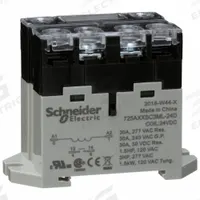 SCHNEIDER Enclosed Power Relay: DIN-Rail & Surface Mounted, 30 A Current Rating, 24V DC, SPST-NO (MPN 725AXXSC3ML-24D). Key specifications — attr211321: SCHNEIDER; attr864602: DIN Rail & Top Flange; attr864634: Screw Terminal; attr864642: 725AXXSC3ML-24D; attr869492: 30 A at 240V AC (General Purpose); attr934629: Harmony™ 725 Power Series.