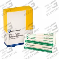 FIRST AID ONLY Adhesive Bandage: Strip Bandages, 1 in Wd, 3 in Lg, Not Metal Detectable, Plastic (MPN 1-060). Key specifications — Product Type: Strip Bandages; Unitized: Unitized; Water Resistance: Water Resistant; Brand: FIRST AID ONLY; Latex Content: Latex Free; Metal Detectable: Not Metal Detectable; Package Type: Box; Manufacturer Part Number: 1-060.