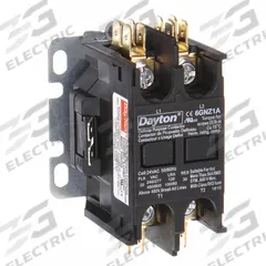 DAYTON Definite Purpose Magnetic Contactor: 2 Poles, 208-240V AC, 25 A, Non-Reversing (MPN 6GNY8). Key specifications — Brand: DAYTON; Coil Voltage: 208/240V AC; Contactor Style: HVACR Definite Purpose Contactor; Mounting Style: Through Panel; Terminal Connection Type: Screw Terminals; Maximum Voltage Rating: 600V AC; Phase: Single; Main Pole Contact Form: 2NO.