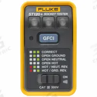 FLUKE Socket Tester: 110 V AC to 125 V AC, 5-15P, GFCI/Std, CAT III 300V, Light, No Display (MPN ST120+). Key specifications — Brand: FLUKE; CAT Safety Rating: CAT III 300V.