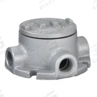 Conduit Outlet Body: Iron, GRF, 1 in Trade Size, X Body, 18 cu in Body Capacity (MPN GRFX100). Key specifications — Series: For Standard Body; Compatible Conduit Trade Size: 1 in; Thread Gender: Female; Hub Style: Threaded; Cover Included: Yes; Body Style: X; Connection Type: Threaded; Back Type: Flat.