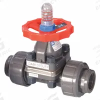 HAYWARD Diaphragm Valve: 2 in, PVC, 2-Way, NPT x Socket, 150 psi Max Pressure (CWP), FPM (MPN DAB1020UFF). Key specifications — Diaphragm Material: FPM; Special Features: Position Indicator; Brand: HAYWARD.