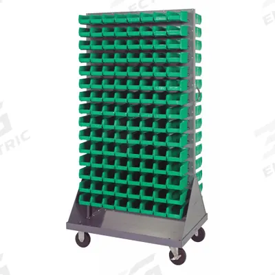 QUANTUM STORAGE SYSTEMS Mobile Louvered Floor Rack: 36 in x 24 in x 72 in, 240 Bins Included - Vertical Mobile Louvered Racks with Bins