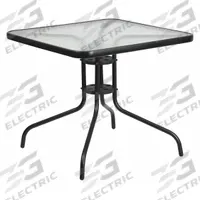 FLASH FURNITURE Patio Table: Clear, Glass, 28 in Overall Ht, 31 1/2 in Overall Wd, Metal, Black (MPN TLH-073A-2-GG). Key specifications — Frame Color: Black; Frame Material: Metal; Tabletop Color: Clear; Tabletop Material: Glass.