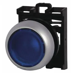 EATON Flush Push Button: Blue, 22 mm Mounting Size, Non-Metallic, Maintained (MPN M22-DRL-B). Key specifications — Brand: EATON; Action: Maintained; Series: M22; Push Button Material Type: Non-Metallic.