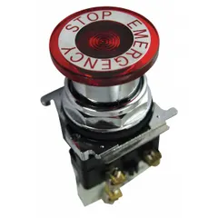 EATON Emergency Stop Push Button: Illuminated, Mushroom Head Profile, Metallic, 30 mm, 1NC (MPN 10250T597LED24-71X). Key specifications — Brand: EATON; Action: Maintained/Maintained; Series: 10250T; Push Button Material Type: Metallic.