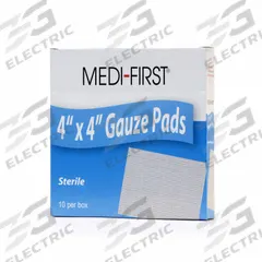 MEDI-FIRST Gauze Pad: 4 in Dressing Lg, 4 in Dressing Wd, Cotton Blend, Sterile, 10 PK (MPN 62012). Key specifications — Water Resistance: Not Water Resistant; Unitized: Unitized; Manufacturer Part Number: 62012; Package Type: Box; Product Type: Gauze Pad; Sterility: Sterile; Brand: MEDI-FIRST; Fastener Included: Fastener Not Included.