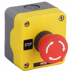 DAYTON Control Station: Mushroom Head Push Button, 0 Pilot Lights, 1NC, Twist to Release Arrows (MPN 32W275). Key specifications — Brand: DAYTON; Operator Legend: Twist to Release Arrows; Operator Color: Red; Operator Configuration: Mushroom Head Push Button; Operator Configuration Type: (1) Mushroom Push Button.