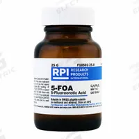 RPI 5-Fluoroorotic Acid (5-FOA): 25 g Volume, BSE/TSE Free, Powder, Glass (MPN F10501-25.0). Key specifications — Form: Powder; Special Information: BSE/TSE Free; Brand: RPI; Chemical Grade: Lab; Container Material: Glass.