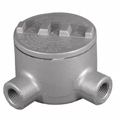Conduit Outlet Body: Iron, GR, 1/2 in Trade Size, L Body, 18 cu in Body Capacity (MPN GRL50). Key specifications — Series: For Standard Body; Compatible Conduit Trade Size: 1/2 in; Thread Gender: Female; Hub Style: Threaded; Cover Included: Yes; Body Style: L; Connection Type: Threaded; Back Type: Round.