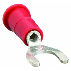 3M Fork Terminals: Red, Vinyl, #6 Stud Size, 22 AWG – 18 AWG Wire Range, Std Fork, 1,000 V (MPN MVU18-6FX). Key specifications — Barrel Style: Butted; Manufacturer Part Number: MVU18-6FX; Brand: 3M; Series: TH.
