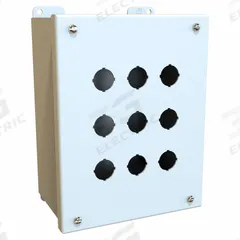 HAMMOND Push Button Enclosure: 22mm, 9 Holes, Carbon Steel, NEMA 12/13 (MPN MPB9LG). Key specifications — Brand: HAMMOND; Environments & Applications: Oil-Tight and Dust-Tight.