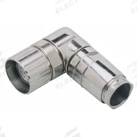 IFM M23 Circular Connector: M23 Female Thread with 90° Angled Connection, 12 Socket, Solder, IP65 (MPN E10447). Key specifications — Connection Type: Cable Connection Due to Soldering; Housing Finish: Nickel-Plated; Housing Material: Brass; IP Rating: IP65; Brand: IFM.