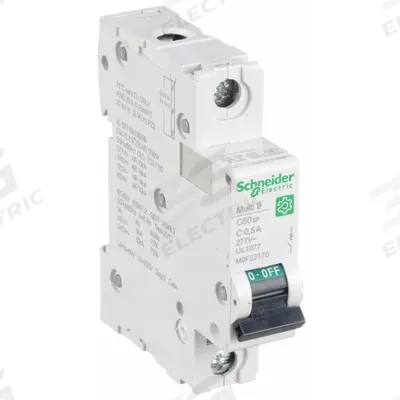 SCHNEIDER Supplementary Protector: 0.5 A Amps, 60V DC, 14kA at 120/240V AC, Screw Clamp - C-Curve, 1-Pole UL1077 DIN Rail-Mount Supplementary Protectors