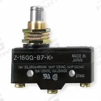 OMRON Snap Action Switch: Plunger Actuator, 1NO/1NC, Screw (MPN Z-15GQ-B7-K). Key specifications — AC Contact Rating: 15 A @ 250 V; Electrical Connection: Screw; Series: Z; Brand: OMRON.