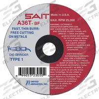 SAIT Abrasive Cut-Off Wheel: Type 1, 4 in x 1/16 in x 5/8 in, Aluminum Oxide, 36 Grit, A36T (MPN 23061). Key specifications — Series: A36T; Brand: UNITED ABRASIVES-SAIT.