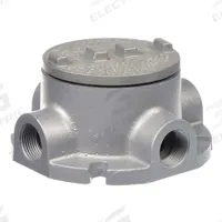 Conduit Outlet Body: Aluminum, GRF, 1 in Trade Size, X Body, 18 cu in Body Capacity (MPN GRFX100-A). Key specifications — Series: For Standard Body; Compatible Conduit Trade Size: 1 in; Thread Gender: Female; Hub Style: Threaded; Cover Included: Yes; Body Style: X; Connection Type: Threaded; Back Type: Flat.