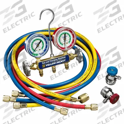 YELLOW JACKET Charging Manifold: Automotive, Brass/Nylon/Polyester/Rubber/Steel, 6 Pieces - Refrigerant Machine Replacement Hoses & Couplers