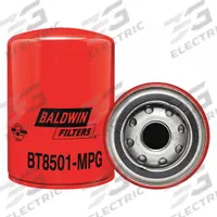 BALDWIN FILTERS Hydraulic Filter: Hydraulic Fluid, 1-12 Thread Size, Spin-On, 3 11/16 in Outside Dia (MPN BT8501-MPG). Key specifications — Media Material: Cellulose; Brand: BALDWIN FILTERS; Compatible Fluid Type: Hydraulic Fluid; Compatible Vehicle Make: John Deere; Includes: G401 Integral Gasket; Thread Size: 1-12.