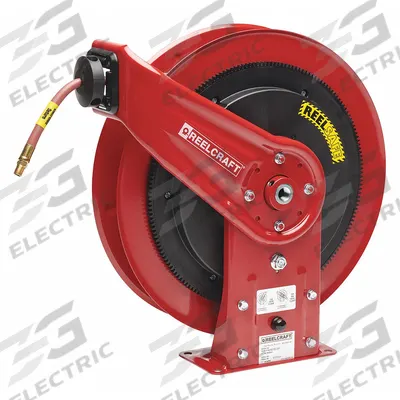 REELCRAFT Spring Return Hose Reel: 50 ft (3/8 in I.D.), 1/4 in MNPT, 300 psi Max Op Pressure - Controlled-Retraction Air or Water Spring-Return Hose Reels
