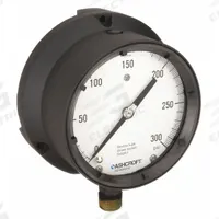 ASHCROFT Process Pressure Gauge: 0 psi to 300 psi, White, 4 1/2 in Dial, 1/2 in NPT Male, Bottom, 4X (MPN 451379ASL04L300#). Key specifications — Brand: ASHCROFT; Pointer Color: Black; Accuracy: ±0.5%; Dial Color: White; Gauge Wetted Parts: Brass / Bronze; Case Material: Epoxy-Coated Aluminum; Vibration Resistance Properties: Liquid-Filled; Pressure Range: 0 psi to 300 psi.