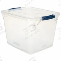 RUBBERMAID Storage Tote: 7.5 gal, 18 3/4 in x 13 3/8 in x 10 1/2 in, Clear Body, Clear Lid, Clear (MPN RMCC300014). Key specifications — attr1188666: Plastic; attr1188671: Rounded; attr1188675: Clear; attr1188676: Clear; attr1188687: RUBBERMAID; attr1188688: Not NSF Certified; attr1188689: Nesting Capable.