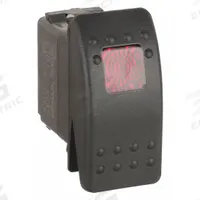 CARLING TECHNOLOGIES Lighted Rocker Switch: 2 Positions, SPST, On/Off, Red (MPN V1D1B60B-ARC00-000). Key specifications — DC Contact Rating: 20 A @ 12 V; Horsepower: 1/2 hp @ 125 to 250 V; NEMA Enclosure Rating: No Enclosure; Operator Illumination: Illuminated; Switch Color: Red; Terminal Connection Type: Quick-Connect Tab Terminals; Includes Lamp Module: No Lamp Module Included; Includes Lens: Lens Included.