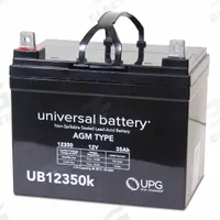 APPROVED VENDOR Sealed Lead Acid Battery: 12V DC, 35 Ah Capacity, 6.26 in Ht, 5.19 in Wd, 7.75 in Dp (MPN D5722). Key specifications — Terminal Connection: Tab with 0.340 in Bolt Hole; Battery Cycle Type: Deep Cycle; Brand: APPROVED VENDOR; Housing Material: ABS.