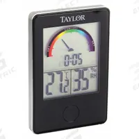 TAYLOR Digital Hygrometer: 20%to 90% Humidity Range, Comfort Index, Built-In (MPN 1732). Key specifications — Primary Scale: Comfort Index; Secondary Scale: Humidity/Temperature/Time; Display Type: Digital; Brand: TAYLOR.