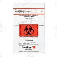 Specimen Transfer Bag: LDPE, Biohazard, 1.75 mil Thick, Clear, 9 in Overall Ht, 48-97, 1,000 PK. Key specifications — Brand: MEDEGEN MEDICAL PRODUCTS; Closure Type: Zipper; Product Type: Dual Pouch Specimen Bag; Manufacturer Part Number: 48-97; Color: Clear; Display Sell UOM: PK; Legend: Biohazard.