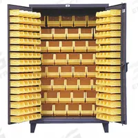 STRONG HOLD Bin Cabinet: 48 in x 24 in 78 in, 0 Shelves, 184 Bins, Yellow, Flush, 12 ga Panel, Gray (MPN 46-BB-240). Key specifications — Bin Color: Yellow; Bin HxWxD: (144) 3 in x 4-1/8 in x 7-3/8 in; Assembled: Assembled; Cabinet Style: Shelf and Bin; Brand: STRONG HOLD; Cabinet Color: Gray; Cabinet Finish: Baked Enamel; Cabinet Material: Steel.